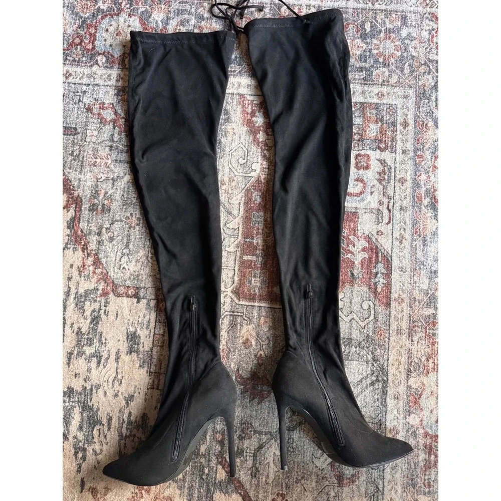 LILIANA Black Pointed Toe Stiletto Over Knee Boots 8.5 Whimsigoth Party‎ Sexy